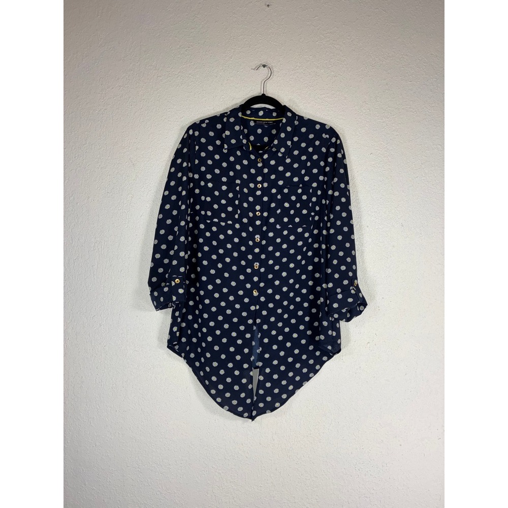 Jones New York Signature Navy Blue Daisy Floral Tie Front Button Down Shirt L
